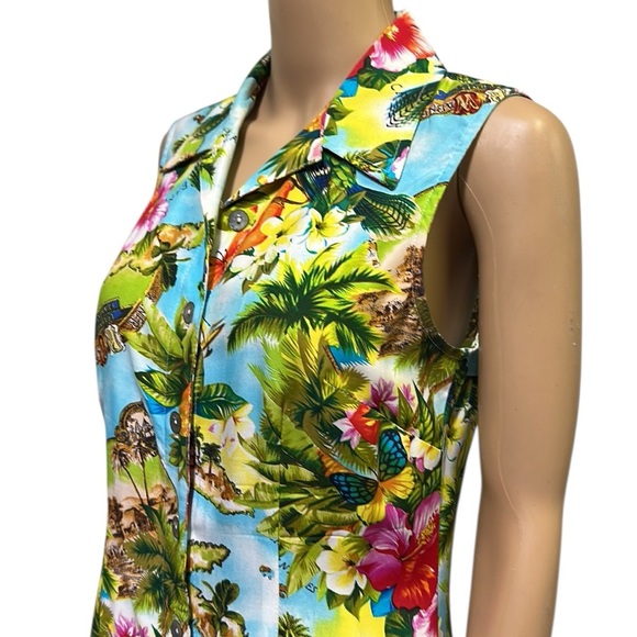 Vintage Y2k Collared Blue Tropical Button Front Sleeveless Dress Womens Medium - Picture 3 of 11